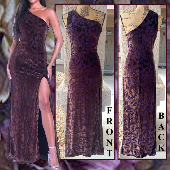 Lulus Plum Iridescent Burnout Velvet One-Shoulder Marvelous Moi Maxi Dres Size L - Picture 1 of 14
